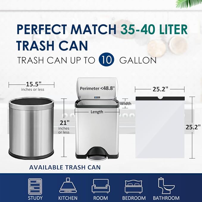 10 Gallon (fit 30-35 Liter) 200 Counts Drawstring Trash Bags Medium Large Kitchen Garbage Bags Trash Can Liners for Home Office Light Residential Waste Outdoor Lawn Bags White