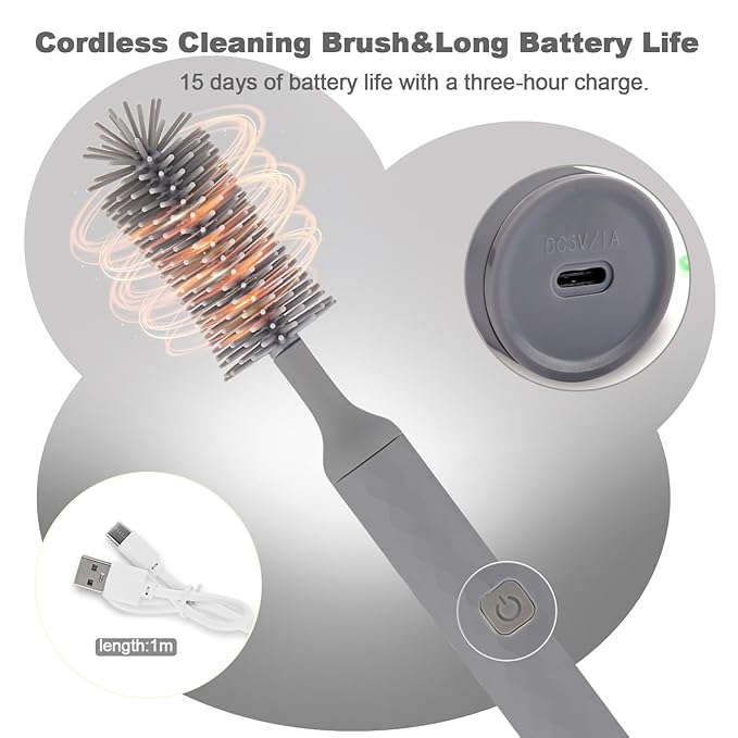 Electric Bottle Brush 4 Piece Bottle Brush Set with Baby Bottle Brush Cleaner Nipple Brush Pacifier Cleaner Straw Cleaner Brush Gifts for Newborns and Mothers Grey