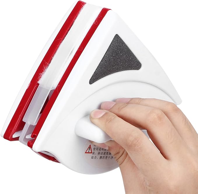 Double Sided Outside Magnetic Window Cleaner with Built in Water Storage Sponge Practical Windshield Cleaner Tool with Fiber Cotton Scouring Pad (Red)