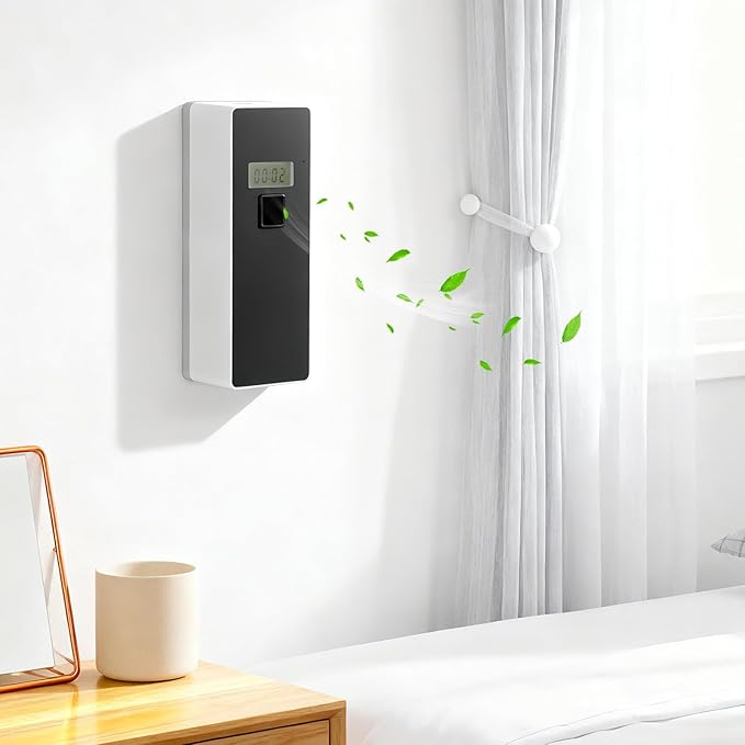 Qualirey 2 pcs Automatic LCD Fragrance Dispenser Wall Mount/Standing ABS Auto Air Freshener Spray Perfume Dispenser Programmable for Bathroom bedroom Hotel Office Commercial