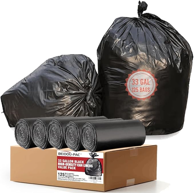 33 Gallon Trash Bags 125 Count Black Garbage bags Multi-purpose Trash Can Bin Liners for Home Commercial Outdoor Construction Industrial Janitorial Municipal Lawn Leaf