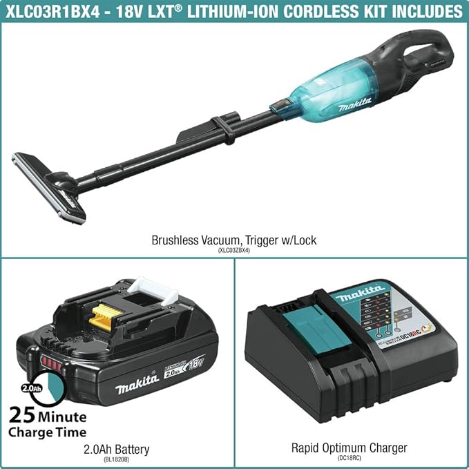 Makita XLC03R1BX4 18V LXT® Lithium-ion Compact Brushless Cordless Vacuum Kit Trigger w/Lock (2.0Ah)