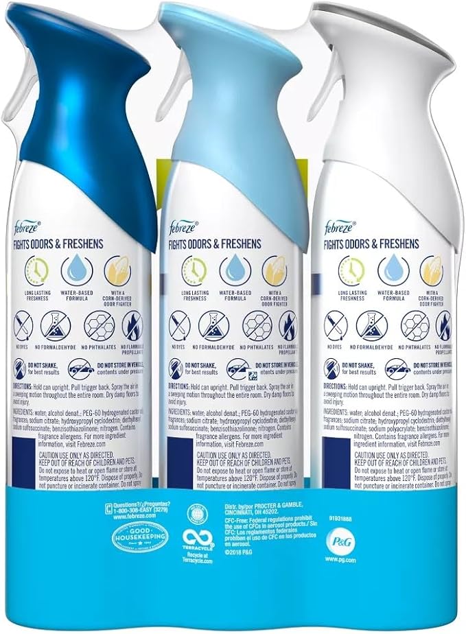 Febreze Odor-Fighting Air Freshener Room Fresheners Air Effects Air Spray Air Mist 8.8 Ounce - 3 Variety Count (Pack of 1) (Crisp Clean Linen &amp Sky Ocean)