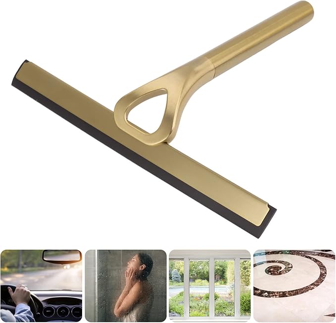 Shower Squeegee for Glass Doors with Adhesive Hook Gold Window Squeegee Rubber Scraper for Bathroom Window Mirror Car Glass Tile Wall