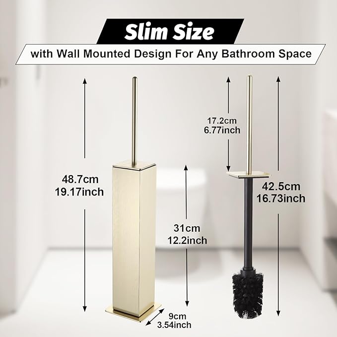 BGL Toilet Brush with Holder Set Brushed Gold Aluminium Standing for Bathroom Toilet Bowl Cleaner Brush and Holder Set Square Design