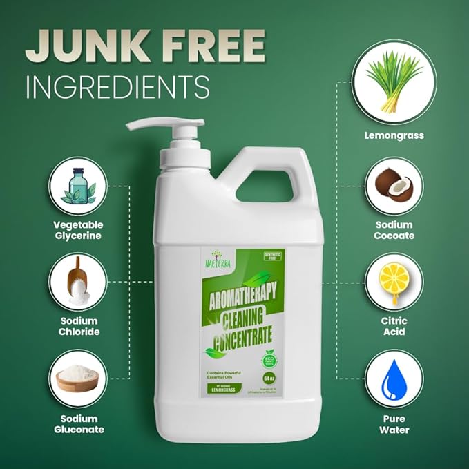 Naeterra Lemongrass Aromatherapy Cleaning Concentrate 64 oz - Natural All Purpose Multi Surface Cleaner - Plant Based Essential Oil Formula for Floors Glass &amp Granite - Pet Safe - Makes 24 Gallons