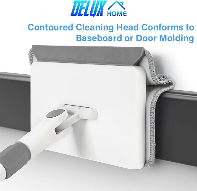 Baseboard Cleaner Tool with Handle DELUX Baseboard Cleaner with Extendable Long Handle 4 Reusable Cleaning Pads Wall Cleaner for Baseboards Cleaning Ceiling Wall Floor Shower Bathroom Kitchen