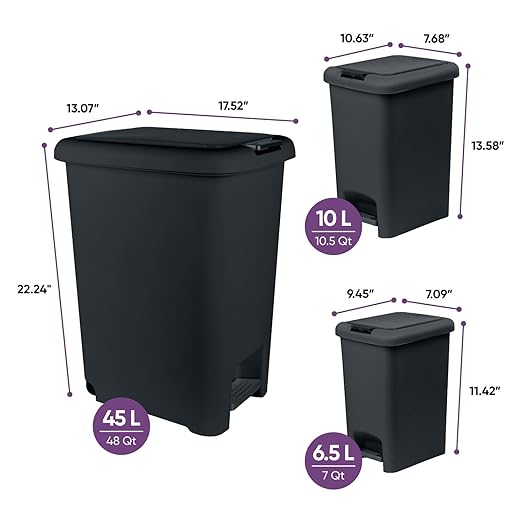 Superio 6.5L 10L and 48L Slim Step &amp Push Trash Cans - 3 Pack Dual Opening Smooth Matte Finish Durable Plastic - Black