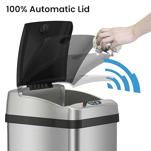 iTouchless 13 Gallon Automatic Touchless Sensor Kitchen Garbage Can with AC Adapter and Odor Filter Deodorizer Includes Waterproof Reusable Vinyl Trash Sticker Stainless Steel/13 Gal
