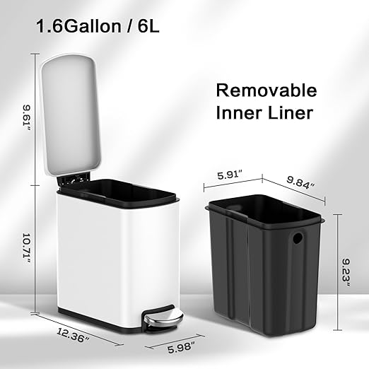 1.6 Gallon Stainless Steel Trash Can with Anti-Fingerprint Finish – 6L Waste Bins with Removable Inner Bucket– Sleek Durable Design for Bathroom BedroomOffice (White)
