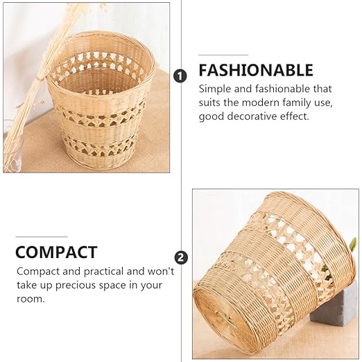 Woven Trash Can Handwoven Rubbish Basket Natural Wood Wastebasket Rustic Storage Basket for Bathroom Living Room Home Organization