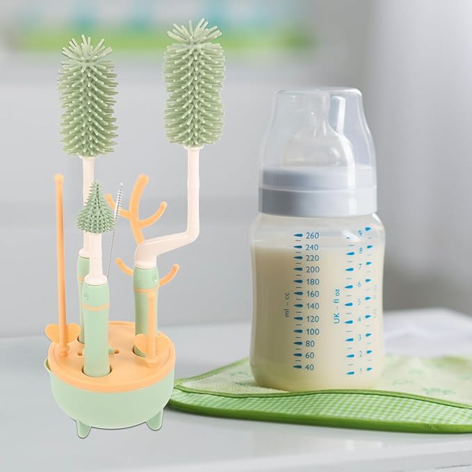 Multifunctional Bottle Brush Set with Extra Long Handle and Stand for Cleaning Milk Bottles and Straws Green Suitable for Feeding