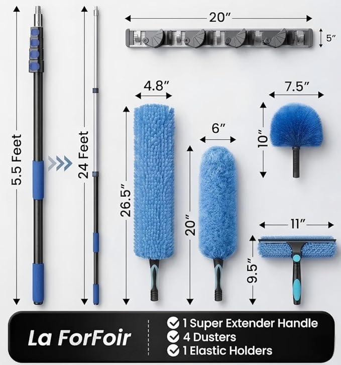 30ft High Ceiling Duster Kits with 5-24ft Heavy Duty Extension Pole - Fan Blade Cleaner Cobweb Remover &amp Blue Window Squeegee Kit Washable Dust Brush for High Roof and Glass Surfaces