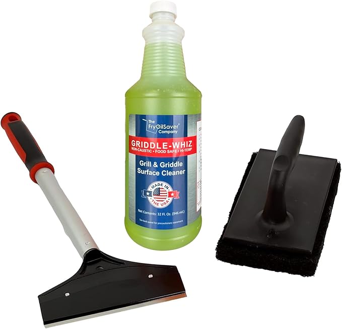 Griddle-Whiz 3 Piece Griddle Cleaning Kit | Liquid Grill Cleaner w/Griddle Scraper &amp Scrubber Pad for Flat Top Grills | For Blackstone Accessories by FryOilSaver (32oz Bottles)