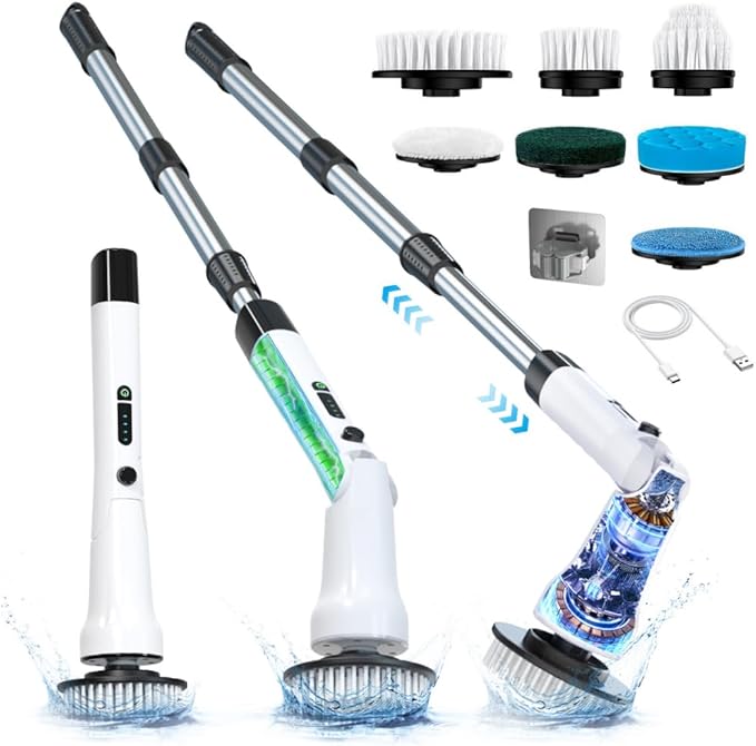 Electric Spin Scrubber Hillyfe Bathroom Scrubber Electric with 7 Replaceable Brush Heads IPX7 Waterproof300/400 RPM 3 Adjustable LengthScrubber Brush Electric for Bathtub FloorWhite