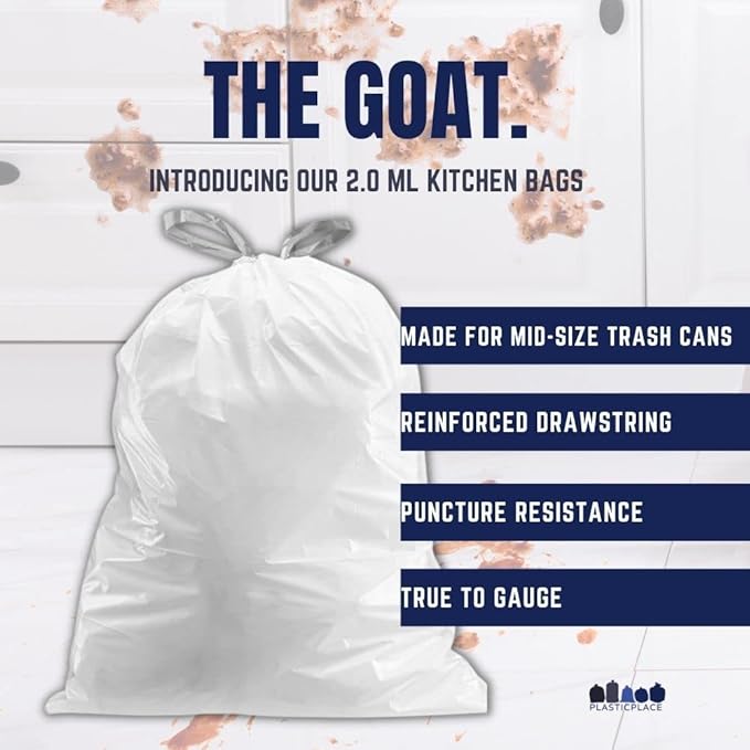 Plasticplace 18 Gallon Trash Bags │ 2.0 Mil │ White Drawstring Garbage Can Liners │ 25.5''x28 (80 Count)