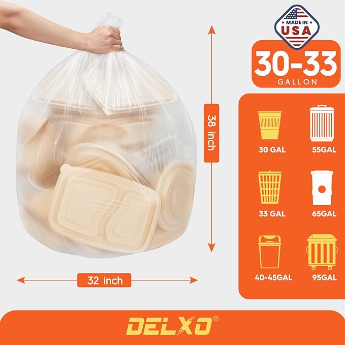 DELXO 30-33 Gallon Trash Bags 250 Count Heavy Duty Large Clear Garbage Bags Thick Durable and Puncture-Resistant Plastic Bags for Kitchens Yards &amp Offices Made in USA