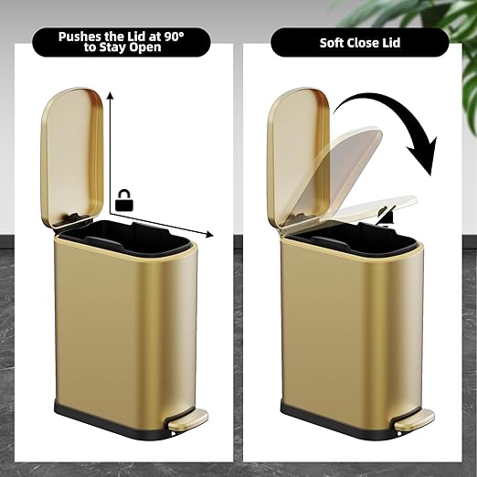 2.6 Gallon Slim Bathroom Trash Can with Soft Close Foot Pedal 10L Stainless Steel Garbage Can with Removable Liner Bucket for Narrow Spaces Bedroom Gold