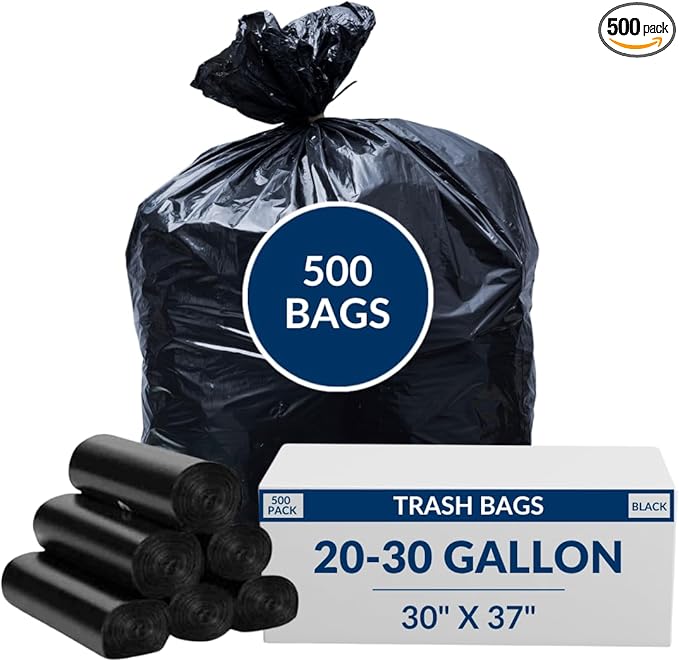 20-30 Gal Trash Bags | 500 Count | 30 X 37 Black Large Garbage Bags for Household Use