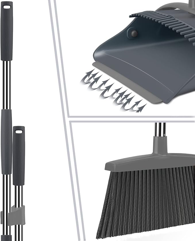 Broom and Dustpan Set Dust pan with Long Handle Broom with Dustpan Combo Set Broom and Dustpan for Home Indoor or Outdoor Cleaning Tool (Deep Gray&ampLight Gray)