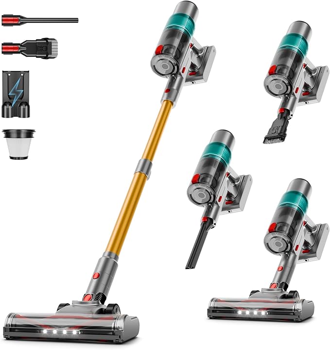 Cordless Vacuum Cleaner: Portable 6-in-1 Stick Vacuum with Anti-Tangle Brush LED Headlight Self-Standing HD Display Rechargeable Vacuum for Pet Hair Low-Pile Carpet and Hardwood Floor-Green