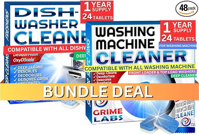 Washing Machine &amp Dishwasher Cleaner Tablets Bundle – 12-Month Supply | Deep Cleaning &amp Deodorizing Tablets for Dishwashers &amp Washing Machines | 48-Tablet Set – Value Pack