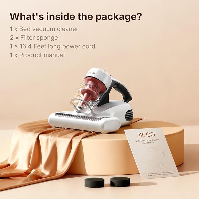 JIGOO J200 Improve Sleep Mattress Vacuum Cleaner Uv Sanitizing Deep Cleaning Bed Vacuum Non-Destructive Fabrics 99.9% Effective Filtration for Allergy Sufferers