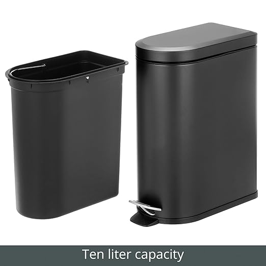 mDesign Small 2.6 Gallon/10 Liter Stainless Steel Metal Step Trash Can Garbage Bin for Bathroom Bedroom Home Office D-Shape Trashcan with Foot Pedal/Lid Removable Liner Bucket with Handles Black