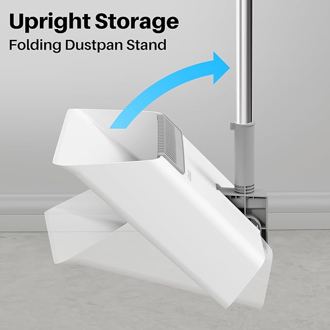 JOYMOOP White Broom and Dustpan Set Upright Angle Design with Built-in Comb Teeth for Kitchen Office Pet Hair Hard Floors