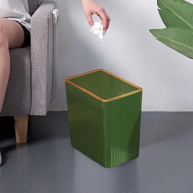 12L Slim Trash Can with Press Lid Green Wastebasket for Bathroom Kitchen Bedroom