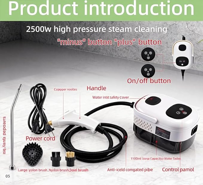 PowerSteam Pro 2500W Multi-Surface Steam Cleaner 3.0 BAR High-Pressure 15-Second Fast Heat-Up with 6 Attachments for Grills Kitchen Floors Cars and Sanitization (White)