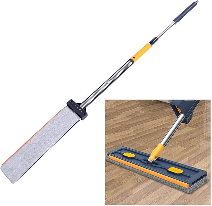 Mops for Floor Cleaning Flat Mop with 6pcs Microfiber Reusable Pads System Stainless Steel Handle Mop with Dewatering Scraper (Dark Blue+6 Microfiber Reusable Pads)