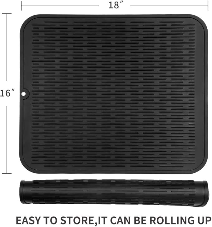 MicoYang Silicone Dish Drying Mat for Multiple UsageEasy cleanEco-friendlyHeat-resistant Silicone Mat for Kitchen Counter or SinkRefrigerator or Drawer Liner Black XL 18 inches x 16 inches