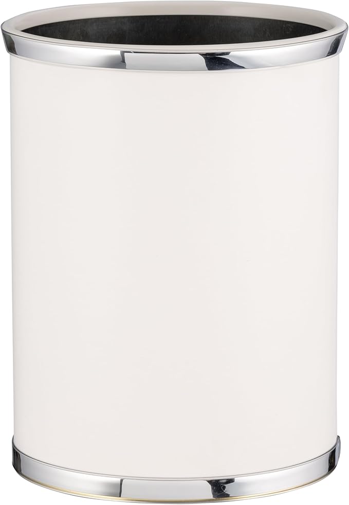 Kraftware Leatherette Wastebasket 14 White with Polished Chrome