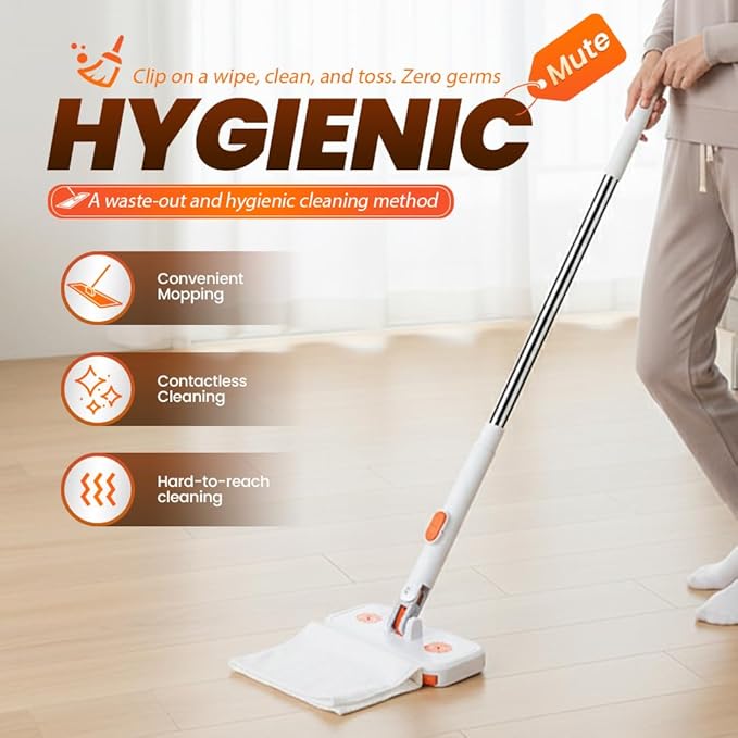 Convenient Cloth Changing Mini Mop No-Touch Dirty Cleaning Flat Dust Mop Rotating Automatic Cloth Changing Mop for House Wall Bathroom Toilet Corners Door Window (White-1pcs)