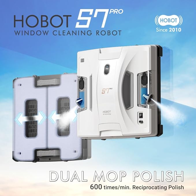 HOBOT S7 Pro Window Cleaning Robot | Dual Mop Polish Hand Wiping Technology 15nm Ultrasonic Spray 4800Pa Suction | Automatic Window Washer Robot for Framed/Frameless Glass Indoor &amp Outdoor Use