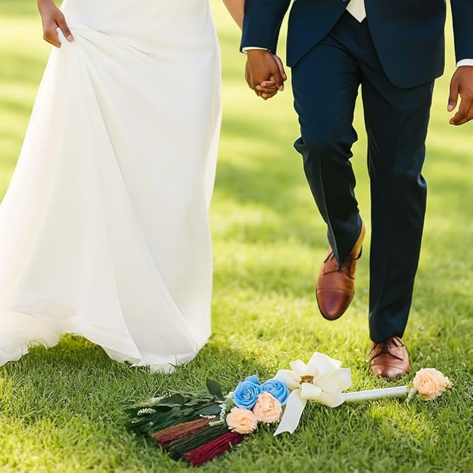 Elegant Wedding Brooms Bride Bridegroom Jumping The Broom for Wedding Natural Whisk Broom with Ribbons Artificial Pearl LeavesRoses for Decorative