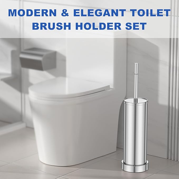 304 Stainless Steel Toilet Brush and Holder Set Heavy Duty Toilet Bowl Brush and Holder with Removable Inner Bowl Splash Protection Long Handle for Bathroom
