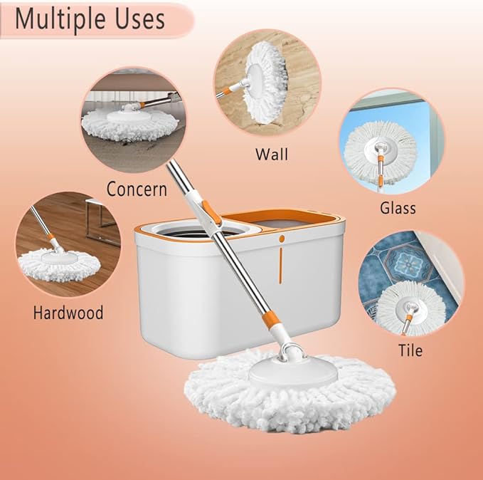 Floor Spin Mop and Bucket Set with Wringer System Extended Stainless Steel Handle 61for Home Floor Cleaning Use with 5 Replacement Head Refill and 1 Cleaning Brush Head
