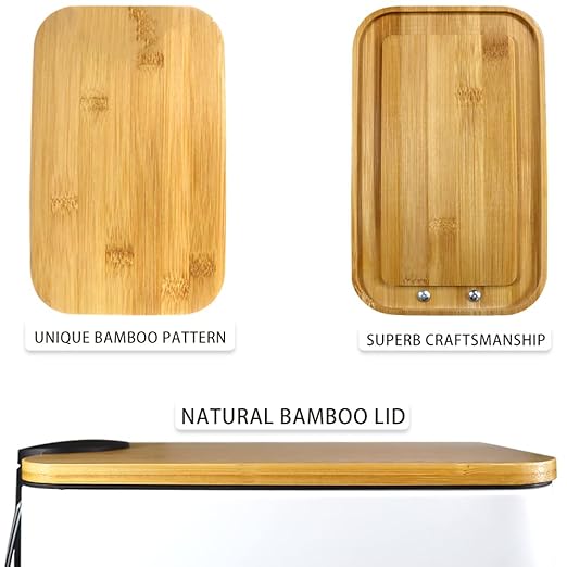 SIDIANBAN Bathroom Trash Can with Bamboo Lid Soft Close and Foot Pedal Small Rectangular Slim Garbage Can with Inner Wastebasket for Bedroom Office Kitchen 1.3Gal/5L White