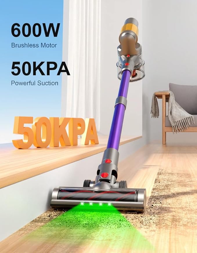 Cordless Vacuum Cleaner 2 Batteries 120 Mins Runtime 600W 50KPA Stick Vacuum with Self-Standing Tangle-Free Brush LED Display Vacuum Cleaner for Home Hardwood Floor Carpet Pet Hair