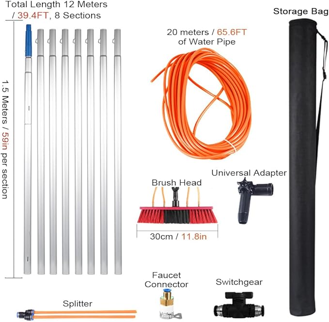 Window Cleaning Water Fed Pole KitOutdoor Reach Solar Panel Cleaning Brush with 20m Water PipeAdjustable Cleaning Tool with Aluminum Extension Pole for Roof Window Gla(Size:12M/39FTColor:30cmBrush)