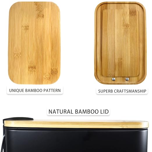 SIDIANBAN Bathroom Trash Can with Bamboo Lid Soft Close and Foot Pedal Small Rectangular Slim Garbage Can with Inner Wastebasket for Bedroom Office Kitchen 1.3Gal/5L Black