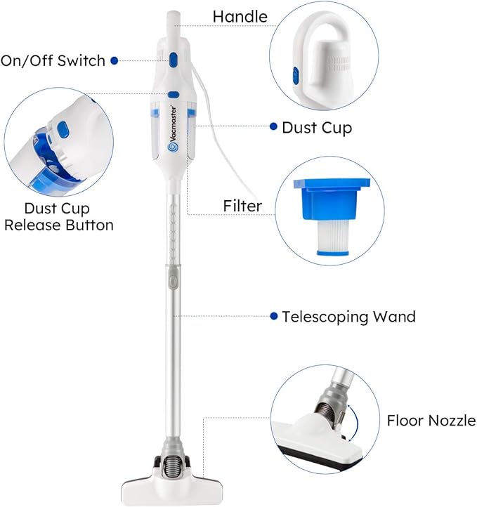 Vacmaster Corded Stick Vacuum Cleaner 2 in 1 Ultra-Lightweight 14Kpa Power Suction Handheld Vacuum Cleaner with Washable HEPA Filter for Home Car Pet Hair Carpet Hard Floor