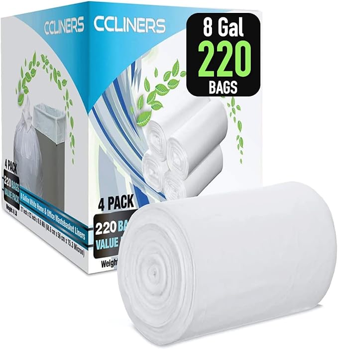 8 Gallon Medium Trash Bags White Kitchen Garbage Bags Plastic Wastebasket Trash Can Liners for Home and Office Bins 220 Count