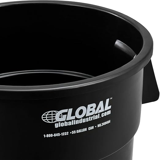 Global Industrial Commercial Round Trash Can 55 Gallon Capacity Plastic Garbage Can Indoor and Outdoor Utility Trash Can Black 26-1/4W x 33-1/8H No Lid