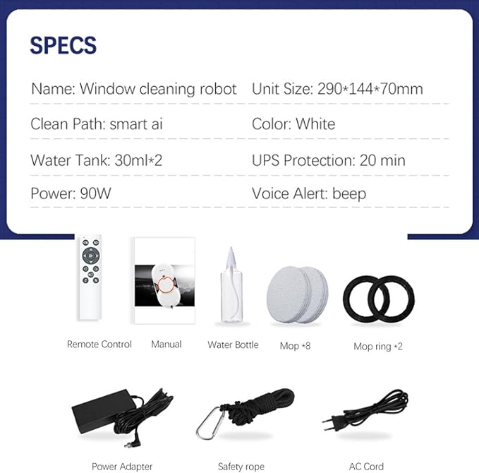 Window Cleaner Robot Glass Cleaner 5600pa- Dual Water Spray/Remote/ 2 * 30 Ml Water Tank Intelligent Edge Recognition System for Smooth SurfacesWhite