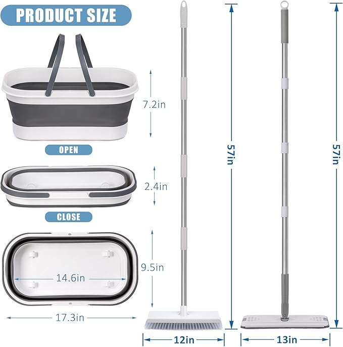 Flat Mop and Bucket Set with Floor Squeegee Heavy Duty Scrub Brush 2 Washable Reusable Microfiber Pads for Tile Hardwood Wall Cleaning Home Indoor or Outdoor Cleaning (White-Gray)