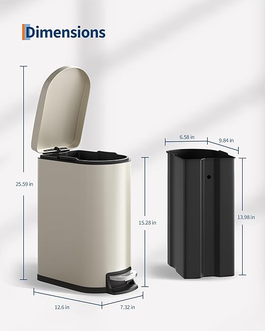 GarveeHome 2.6 Gallon Bathroom Trash Can Space-Saving Slim Stainless Steel Step-On Garbage Bin with Soft Close Lid Removable Inner Bucket for Bathroom &amp Bedroom Sand Beige