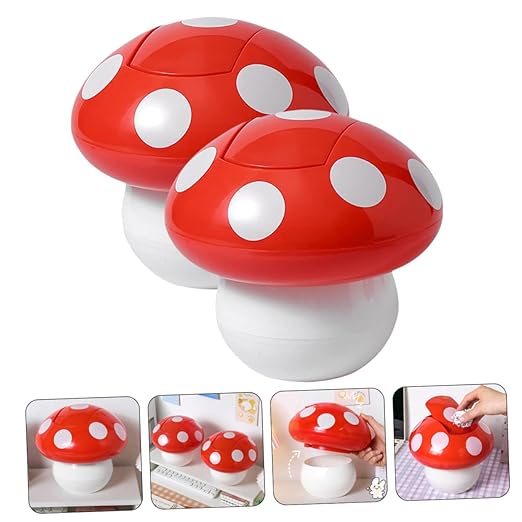 Luxshiny 2Pcs Cute Mushroom Desktop Trash Can Litter Bin with Lid Space Saving Wastebasket for Office Kitchen Bedroom Easy to Clean No Odor Home Decor